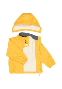 Yellow waterproof jacket with a detachable hood, elastic cuffs, grey inner lining, and snap-button closure. Features reflective accents.