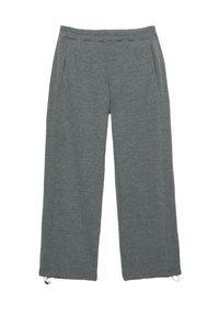Pantalon gris à jambes larges avec une taille élastique et des cordons aux ourlets, fabriqué en tissu doux et texturé.