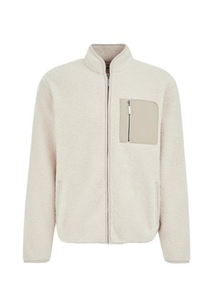 Beige fleece jacket with a high collar, zip front, side pockets, and a square chest pocket featuring a zipper closure. Soft texture.
