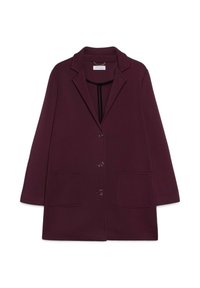 Cappotto bordeaux realizzato in tessuto testurizzato, con colletto a rever, maniche lunghe, cinque bottoni e due tasche frontali.