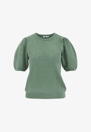 Groene gebreide trui met een geometrisch chevronpatroon, korte pofmouwen en een ronde halslijn met ribbels.