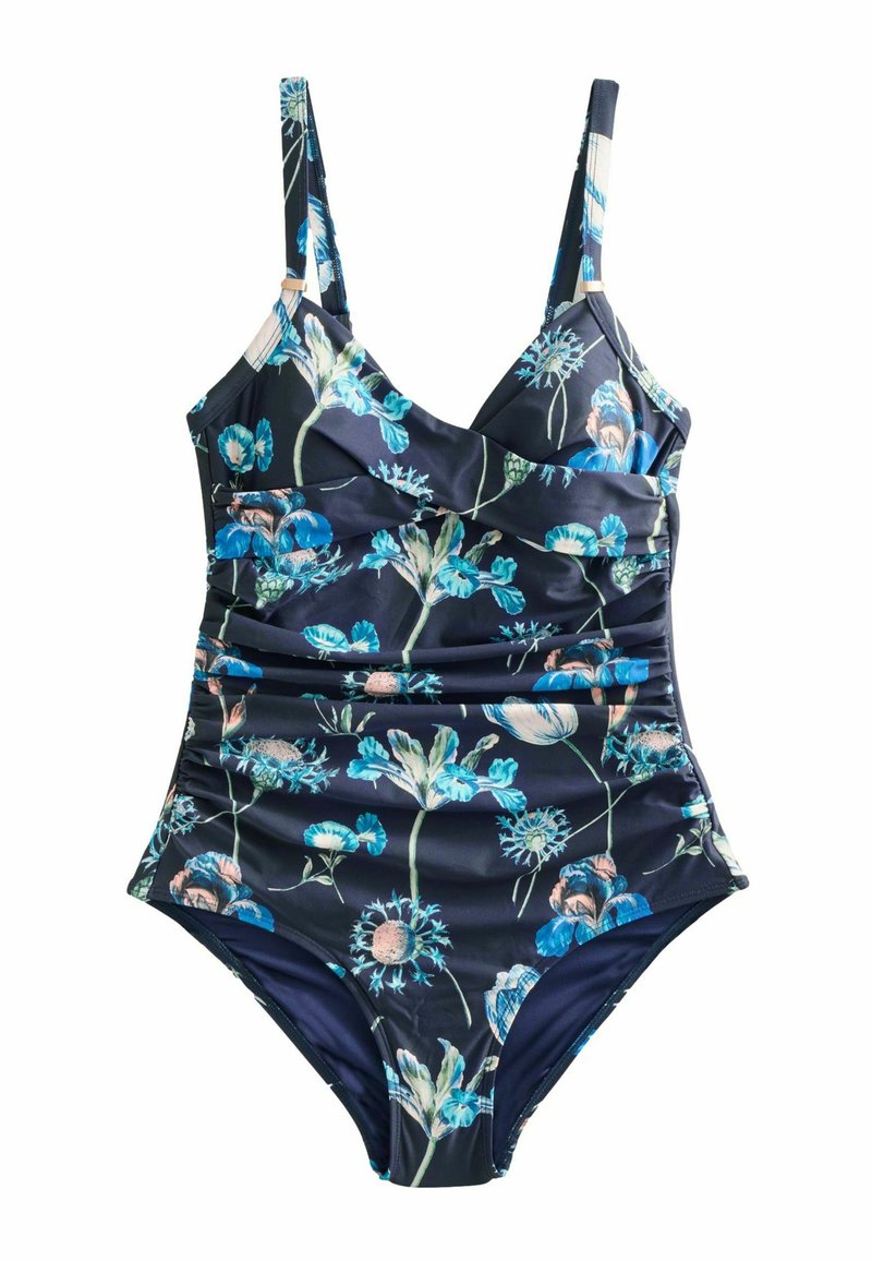 Maillot de bain une pièce floral avec bretelles réglables, fond marine et détails en tissu froncé ; présente des motifs de fleurs bleues et roses.