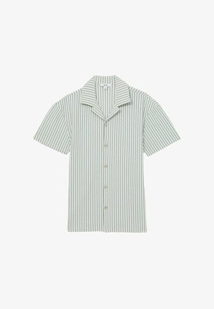 Short-sleeve shirt in light blue and white stripes. Button-up design with a notched collar and textured fabric pattern.