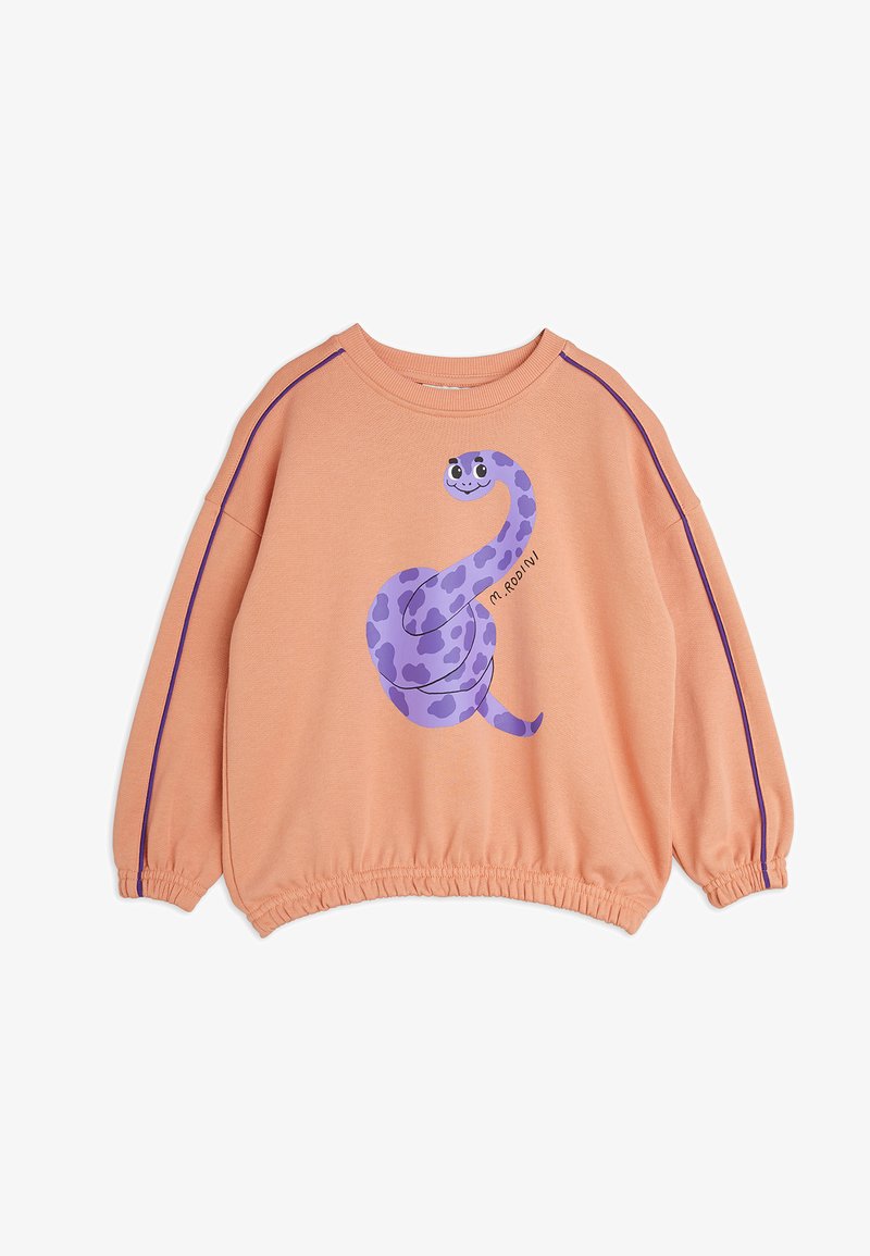 Orange sweatshirt with a purple snake graphic, featuring a round neckline, elastic cuffs, and side stripe detailing. Soft cotton material.