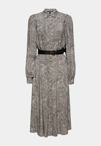 Robe à manches longues à motif cachemire dans des tons gris, dotée d'une fermeture à boutons sur le devant, d'un col et d'une ceinture noire avec une boucle ronde à la taille.