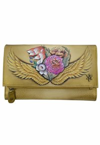 Gouden leren portemonnee met een kleurrijk bloemenontwerp met vleugels. Versierd met gedetailleerde borduurwerk en een ritssluiting.