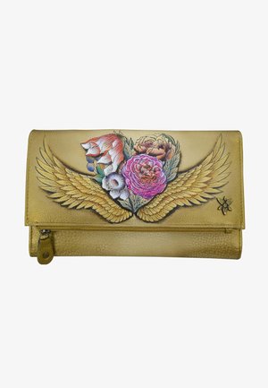 Gouden leren portemonnee met een kleurrijk bloemenontwerp met vleugels. Versierd met gedetailleerde borduurwerk en een ritssluiting.