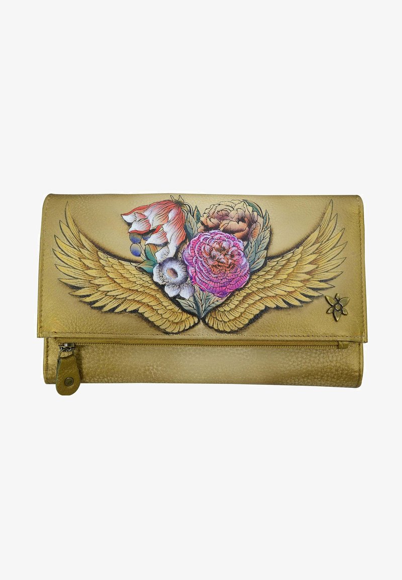 Gouden leren portemonnee met een kleurrijk bloemenontwerp met vleugels. Versierd met gedetailleerde borduurwerk en een ritssluiting.