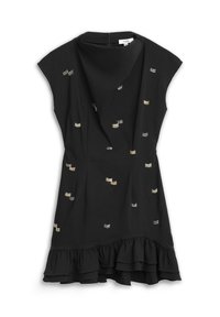 Czarna sukienka bez rękawów z falbanką u dołu i małymi srebrno-złotymi haftowanymi wzorami fal, z drapowanym dekoltem i zamkiem błyskawicznym na plecach.