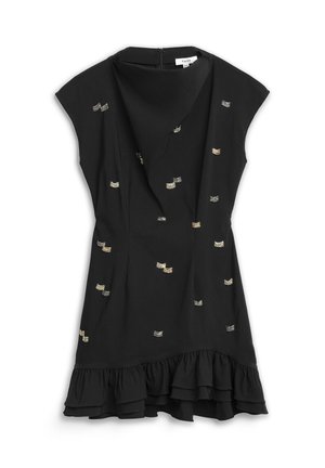 Czarna sukienka bez rękawów z falbanką u dołu i małymi srebrno-złotymi haftowanymi wzorami fal, z drapowanym dekoltem i zamkiem błyskawicznym na plecach.