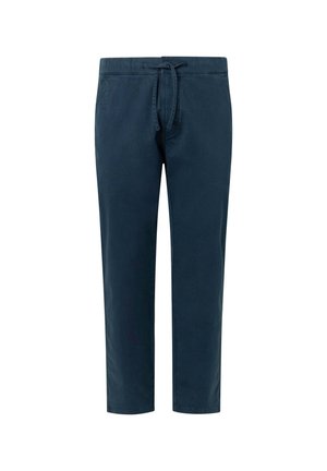 Pantaloni in cotone di colore blu scuro. Presentano un elastico in vita con coulisse, gamba affusolata e una texture liscia. Nessun motivo visibile o dettagli hardware.