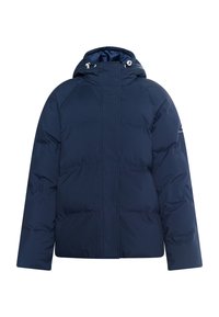 Jachetă puffer albastru marin cu glugă, având închidere frontală cu fermoar, manșete elastice și o Textur�ă netedă și lucioasă.