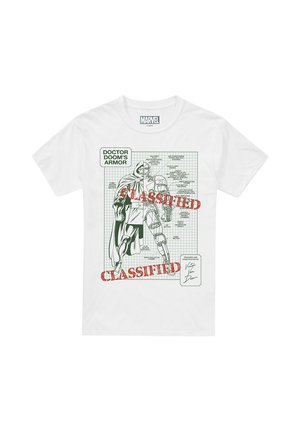 White T-shirt with a detailed black and white sketch of Doctor Doom's armor labeled with technical notes and red "CLASSIFIED" stamps.