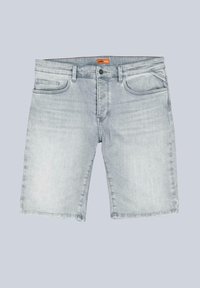 Light blue denim shorts with a straight cut, five-pocket design, and a button closure. Features subtle fading and stitching details.