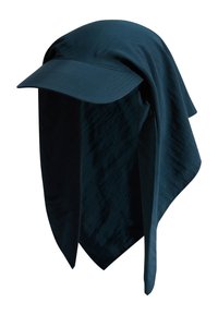 Dunkelblaues Cap mit verlängertem Überhang. Hergestellt aus weichem, leichtem Stoff, mit einem gebogenen Schirm und einer glatten Textur.