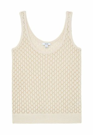 Ærmeløs strikket top i cremefarve med blonde, åben hulkemønster og ribbet kant, størrelse small fra Reiss.