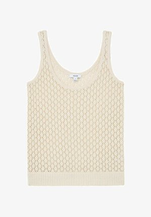 Ærmeløs strikket top i cremefarve med blonde, åben hulkemønster og ribbet kant, størrelse small fra Reiss.