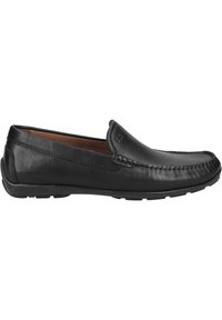 Sort læder slip-on sko med en rund tå, syningsdetaljer og en glat overflade. Har en gummisål for greb og holdbarhed.