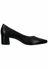Escarpin en cuir noir à talon bas avec un bout carré arrondi et un talon bloc sur fond blanc.