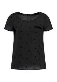 Blusa negra de manga corta con estampado de estrellas, con escote redondeado y un pequeño bolsillo. Confeccionada en una tela ligera y texturizada.