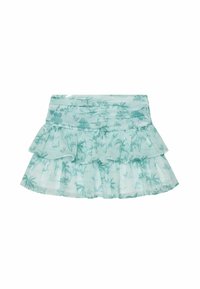 Jupe en vert menthe clair avec des volants, ornée d'un motif floral, présentant des couches froncées et une ceinture smockée pour le confort et la flexibilité.