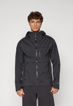 Waterproof black jacket with a zippered front, adjustable hood, and pockets. Features a sleek design and a textured finish.