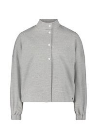 Grijze, knoopsluitende jas met een mandarin hals, ruime pasvorm, lange mouwen en gathered manchetten. Gemaakt van een gestructureerde stof.