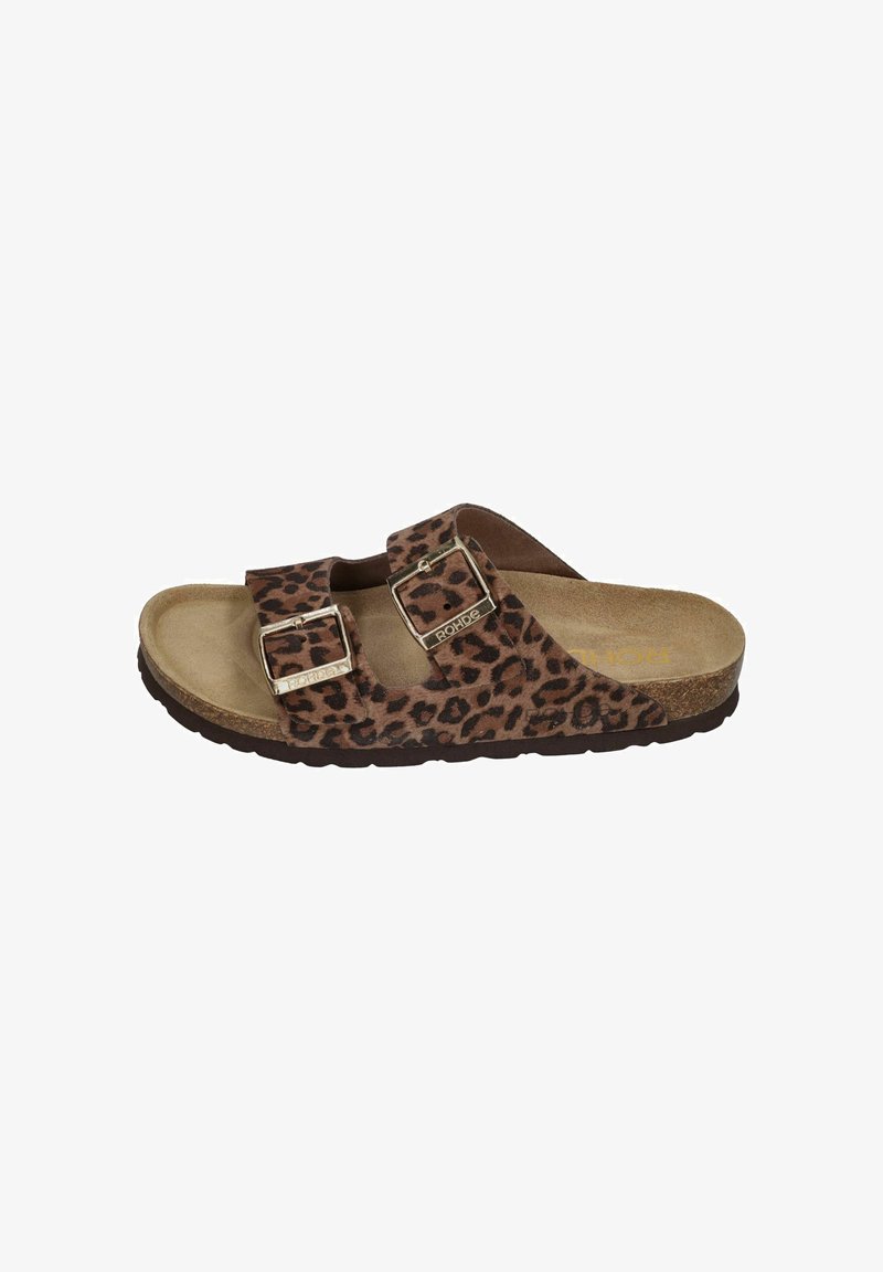 Brown leopard print slide sandal with two adjustable silver buckles and cork footbed on a black sole.
