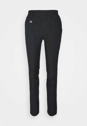 Black pants made of smooth fabric, featuring a fitted design, straight legs, and a front button closure. No visible patterns or accents.