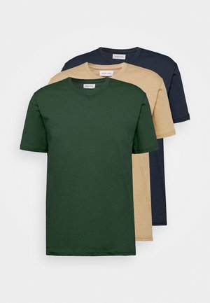 Three short-sleeve V-neck T-shirts in green, beige, and navy, made from cotton material, featuring a classic design and soft texture.