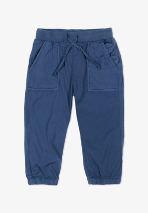 Granatowe dziecięce spodnie z elastycznym pasem i mankietami, sznurkiem z przodu, dwoma przednimi naszywanymi kieszeniami oraz małymi haftowanymi detalami.