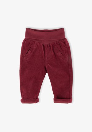 Burgundy corduroy pants with a soft elastic waistband, two front pockets, and rolled cuffs, featuring a textured finish.