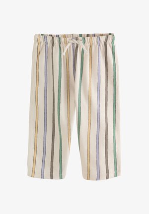 Pantaloni largi până la genunchi cu talie elastică și șnur, având dungi verticale galbene, verzi, albastre și maro pe un fundal crem.