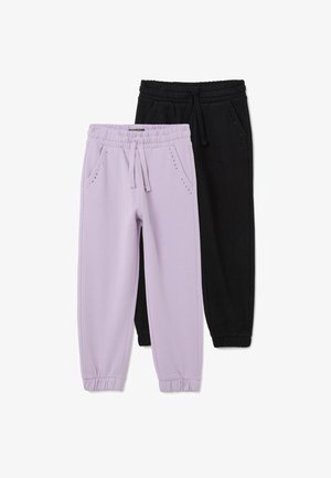 Dos pares de pantalones jogger, uno lila y otro negro, con cinturillas elásticas, cordones, bolsillos frontales y puños elásticos.