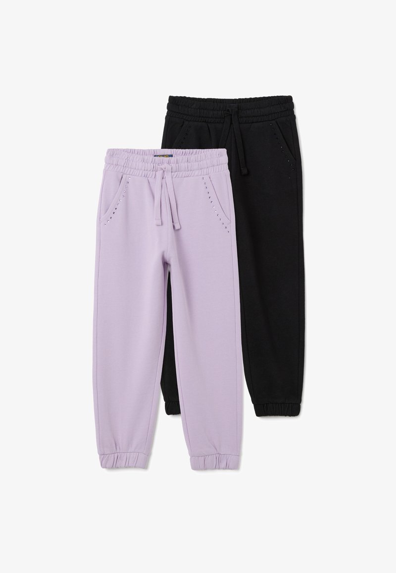 Zwei Jogginghosen, eine in Flieder und eine in Schwarz, mit elastischen Bund, Kordelzug, vorderen Taschen und elastischen Bündchen.