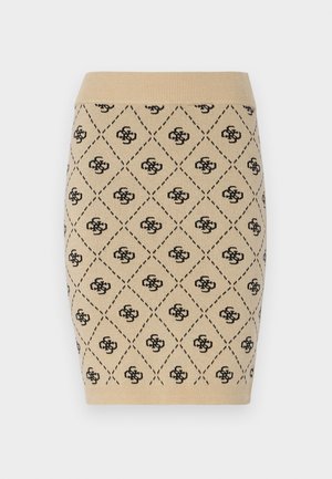 Strikket beige blyantskjørt med diamantmønster og gjentakende svarte logo-accenter, med en ribbestrikket midjebånd for ekstra tekstur.