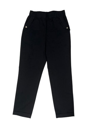 Black tailored pants with elastic waistband, side pockets with button details, and cuffed hems.