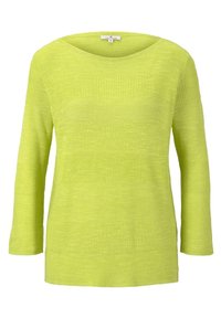 Pull tricoté à manches longues en vert citron vif, avec un large décolleté et des rayures horizontales texturées alternées.