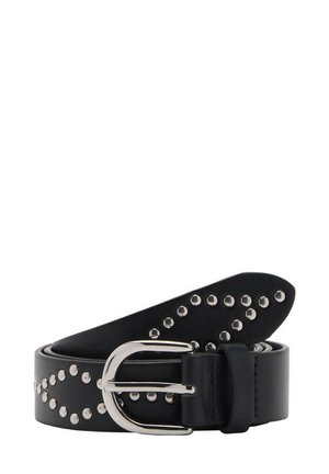 Ceinture en cuir noir avec une boucle en métal argenté, comportant une rangée de clous ronds le long de la sangle pour un détail décoratif. Texture plate et lisse.