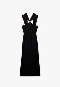 Czarna maxi sukienka z wycięciem na plecach, plisowanym topem i szerokimi ramiączkami. Wykonana z gładkiego materiału o smukłej sylwetce.