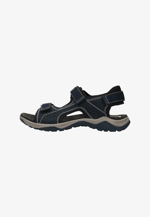 Open-toed sandals in navy blue with grey accents, featuring adjustable straps and a textured sole for grip, designed for comfort and ventilation.