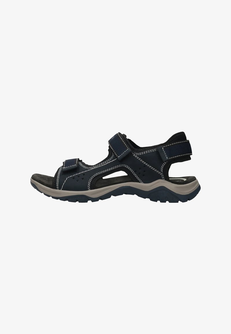 Sandales ouvertes bleu marine avec des accents gris, dotées de brides réglables et d'une semelle texturée pour une meilleure adhérence, conçues pour le confort et la ventilation.