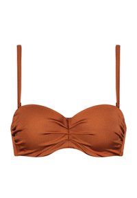 Top bikini bandeau in un ricco colore ruggine, con un centro arricciato, spalline sottili regolabili e un tessuto liscio e elasticizzato.