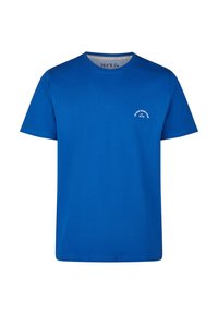 Camiseta de algodón de un brillante color azul, con mangas cortas, cuello redondo y un pequeño logotipo circular blanco en el lado izquierdo del pecho. Textura suave y diseño simple.