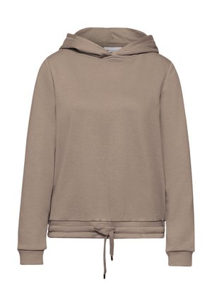 Sweat à capuche taupe à manches longues avec cordon de serrage à l'ourlet et poignets côtelés, design uni et vue de face.