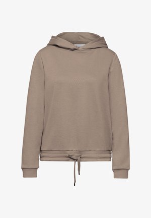 Taupe hoodie met lange mouwen, trekkoord aan de zoom en geribbelde manchetten, met een effen ontwerp en voorkant zicht.