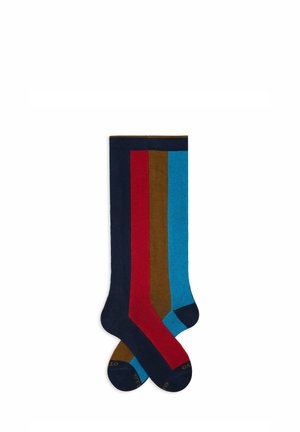 Calzini colorati con righe verticali in blu navy, rosso, marrone e blu. Texture morbida con una vestibilità comoda e punta rinforzata.