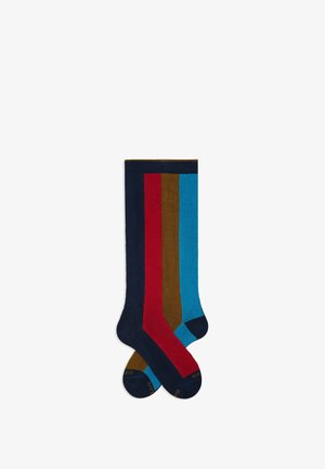 Calzini colorati con righe verticali in blu navy, rosso, marrone e blu. Texture morbida con una vestibilità comoda e punta rinforzata.