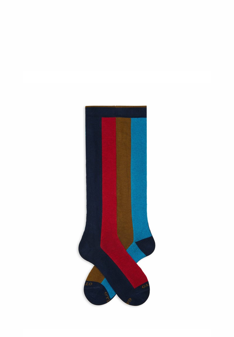 Calzini colorati con righe verticali in blu navy, rosso, marrone e blu. Texture morbida con una vestibilità comoda e punta rinforzata.