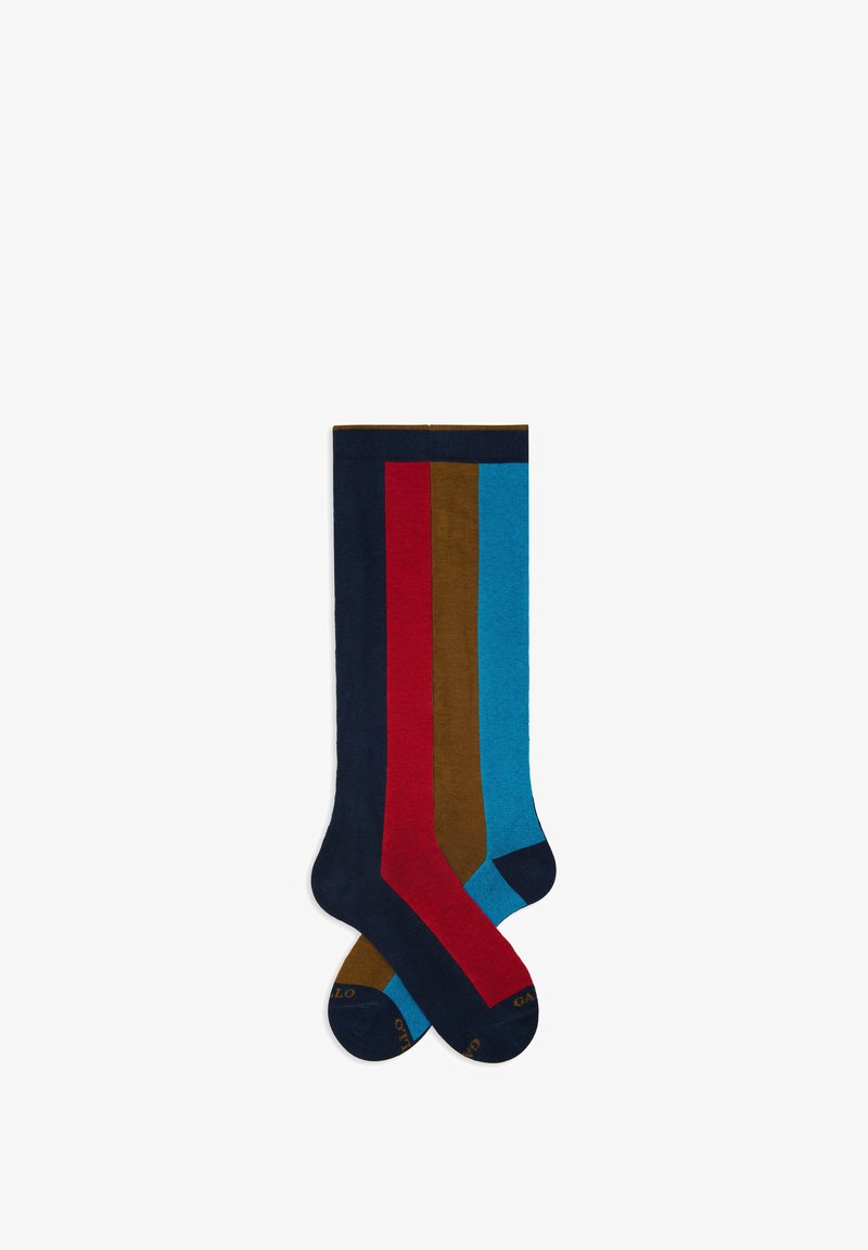 Calzini colorati con righe verticali in blu navy, rosso, marrone e blu. Texture morbida con una vestibilità comoda e punta rinforzata.